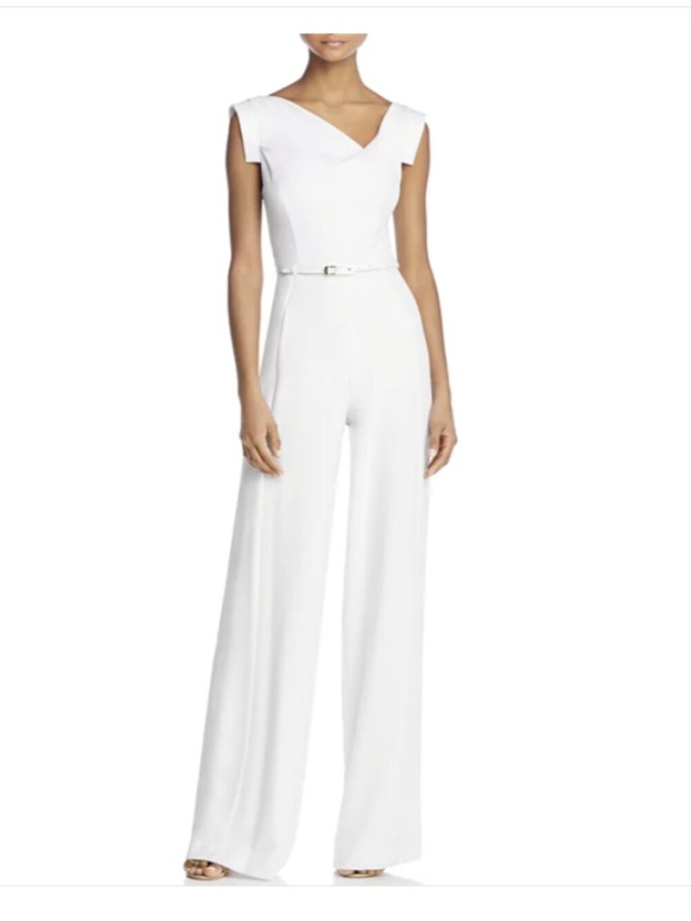 Black Halo Jackie Jumpsuit. Classic White Wide-Leg Jumpsuit with Slim Belt